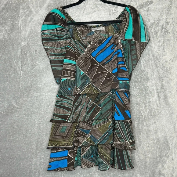 Avenue Tops - Avenue 22 24 2X Shirt Top Brown Abstract Cap Short Sleeve Square Neck Tiered